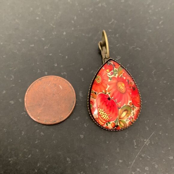 Japanese Style Red Sunflower & Strawberry Teardrop Earrings, Fruit & Flowers - Picture 11 of 11